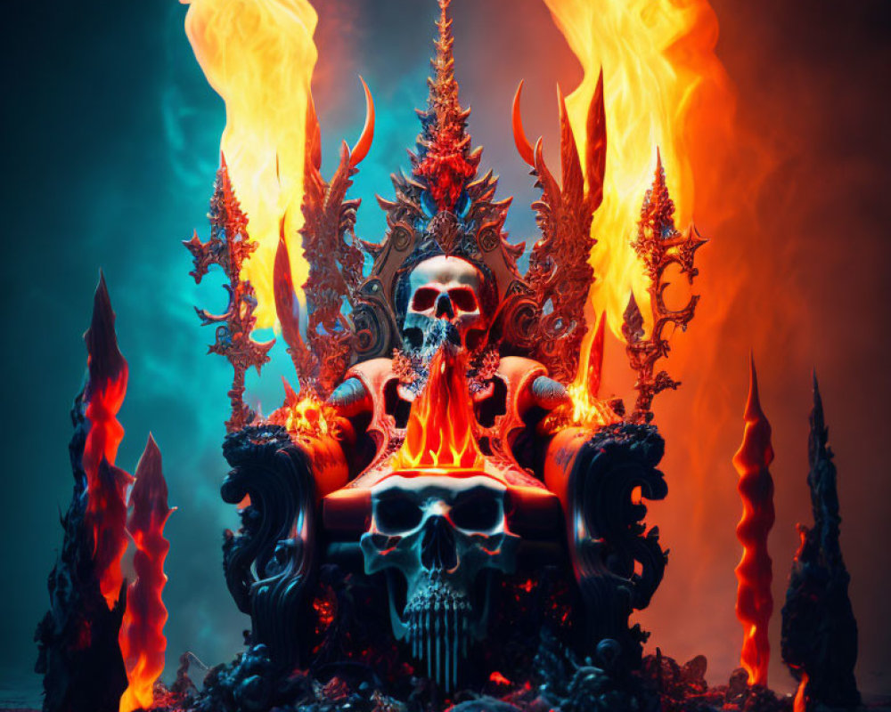 Skull on ornate throne in fiery, mystical setting