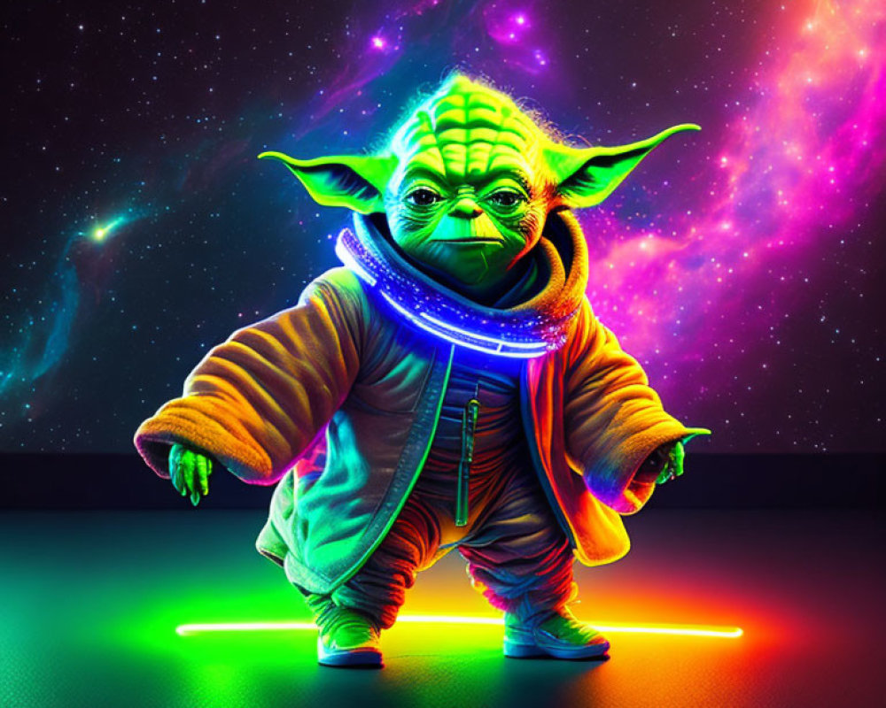 Colorful Yoda character in futuristic outfit against cosmic backdrop