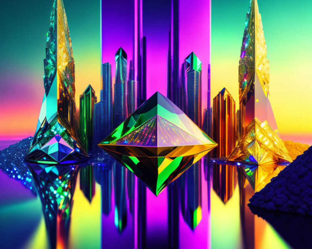 Digital art: Mirrored crystal structures in neon-lit cityscape at sunset