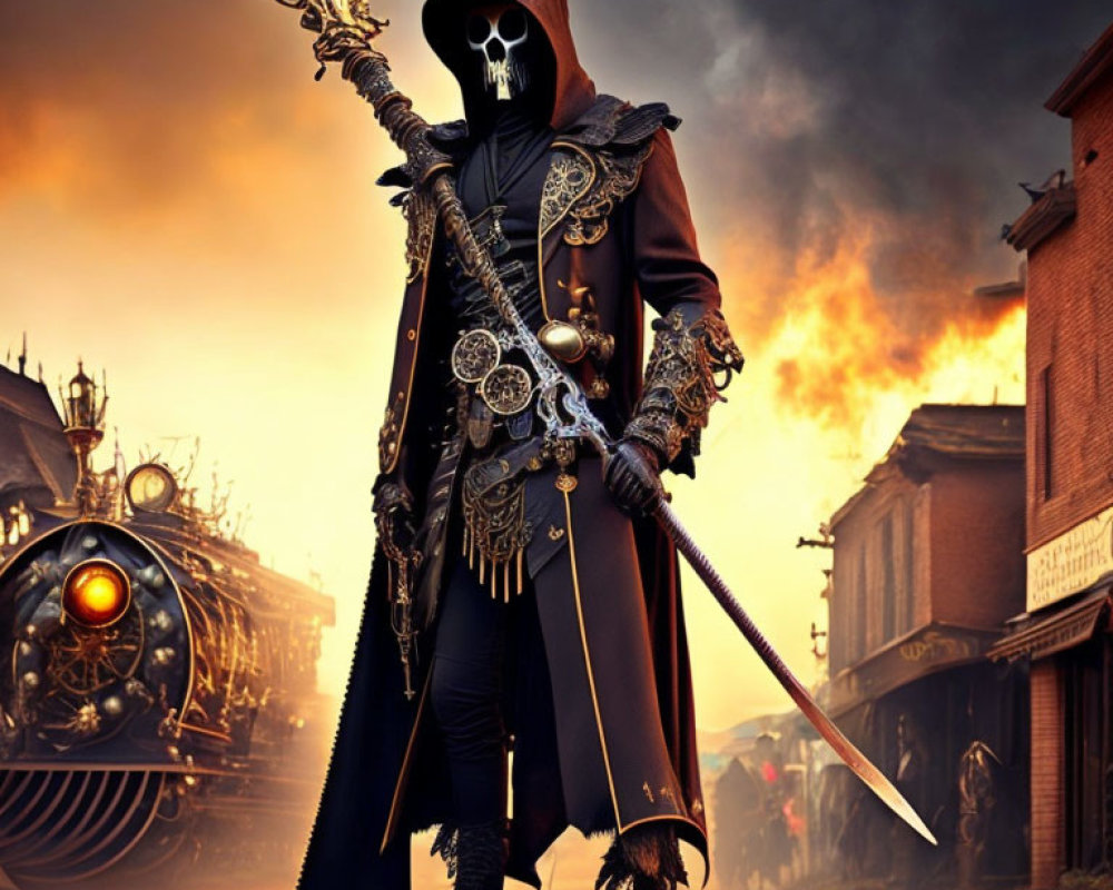 Dark fantasy character in skull mask with scythe by vintage steam train