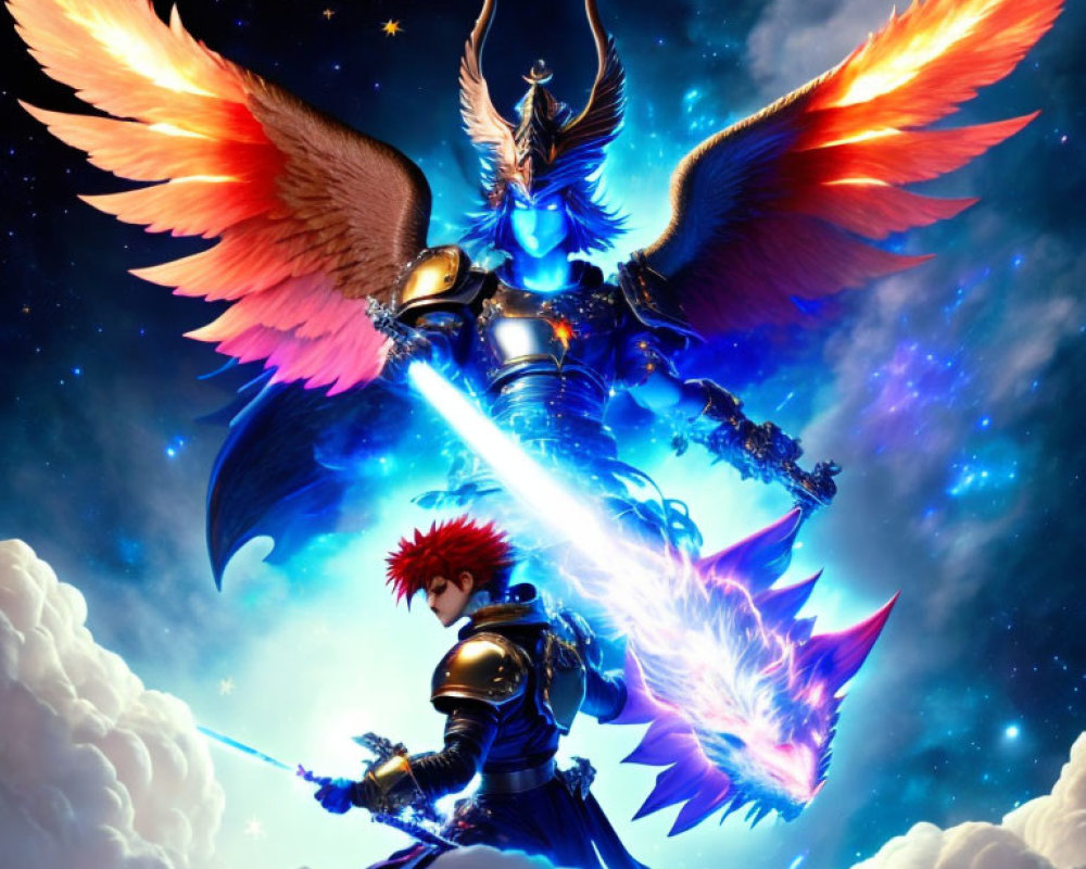 Fantastical warrior with fiery wings and radiant sword faces knight in cosmic scene