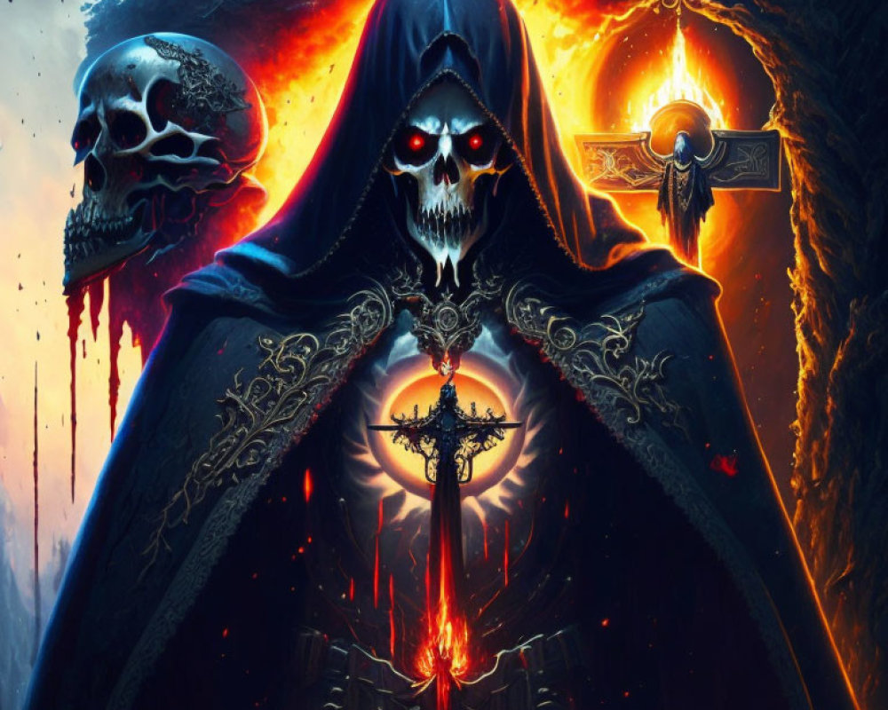 Hooded figure with skull face, sword, and skulls on fiery background