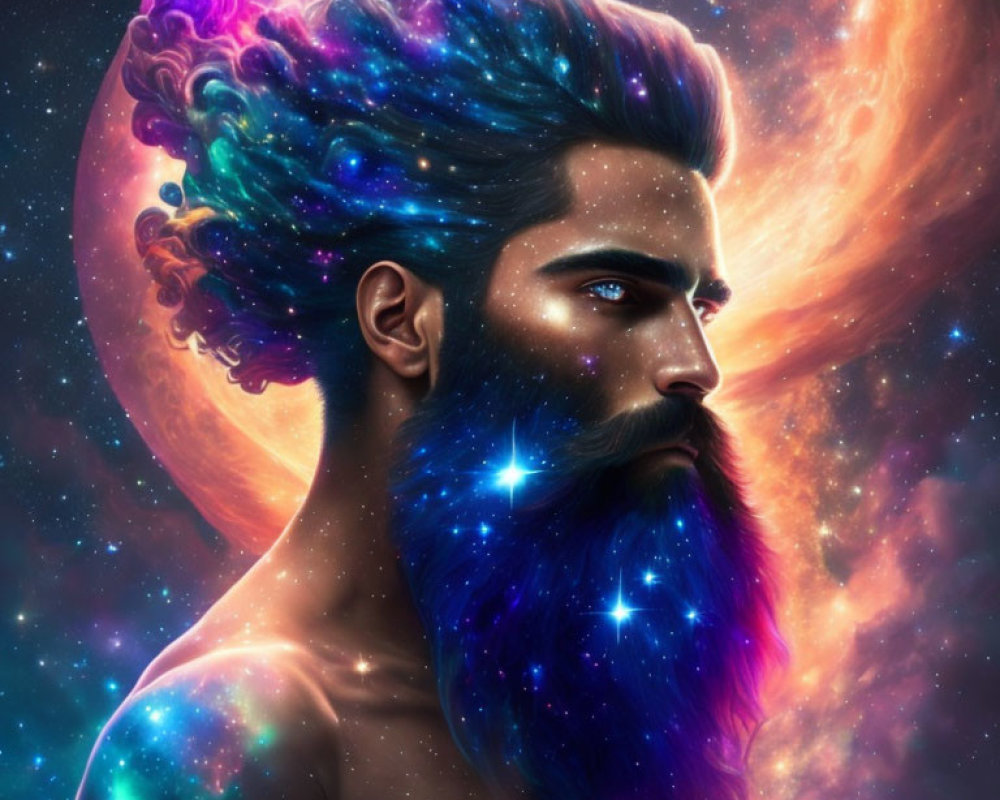 Cosmic-themed digital artwork: Bearded man with galaxy hair & beard