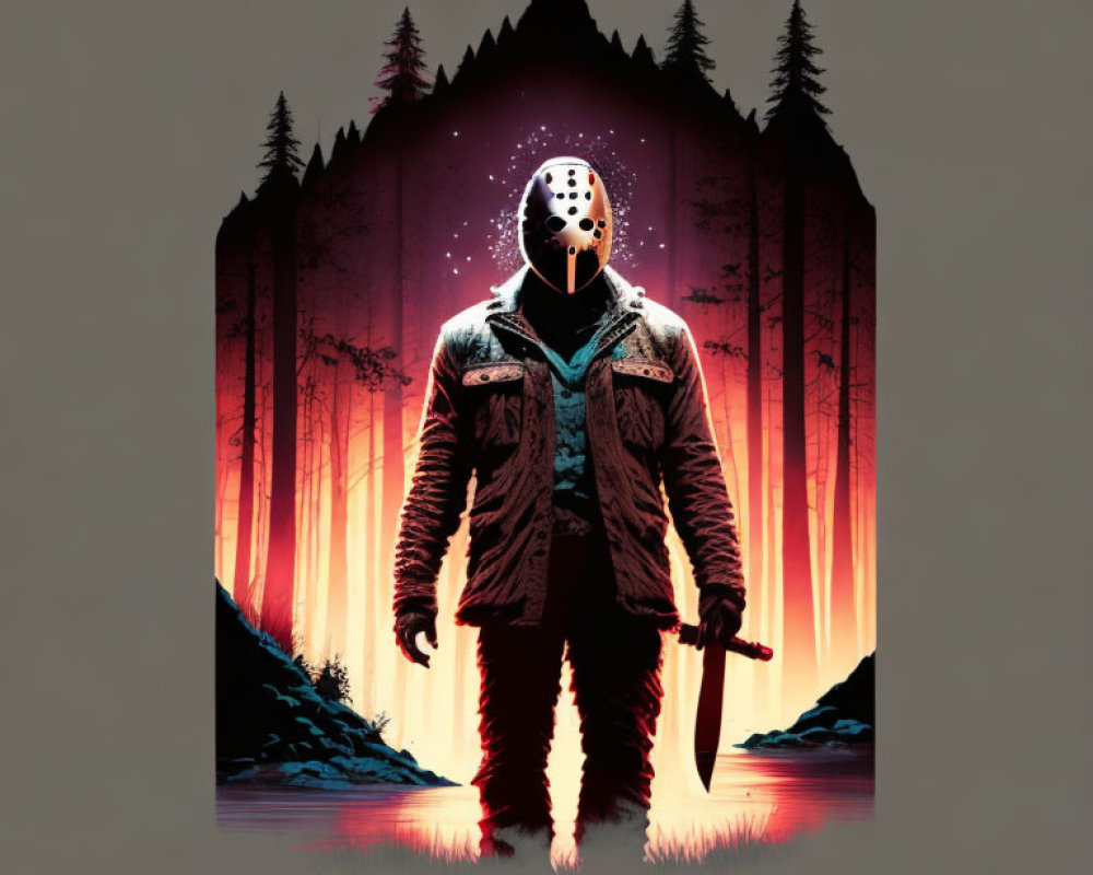 Menacing figure in hockey mask with weapon in eerie forest at night