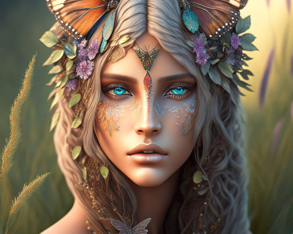 Portrait of Woman with Butterfly Adornments and Nature-Inspired Markings