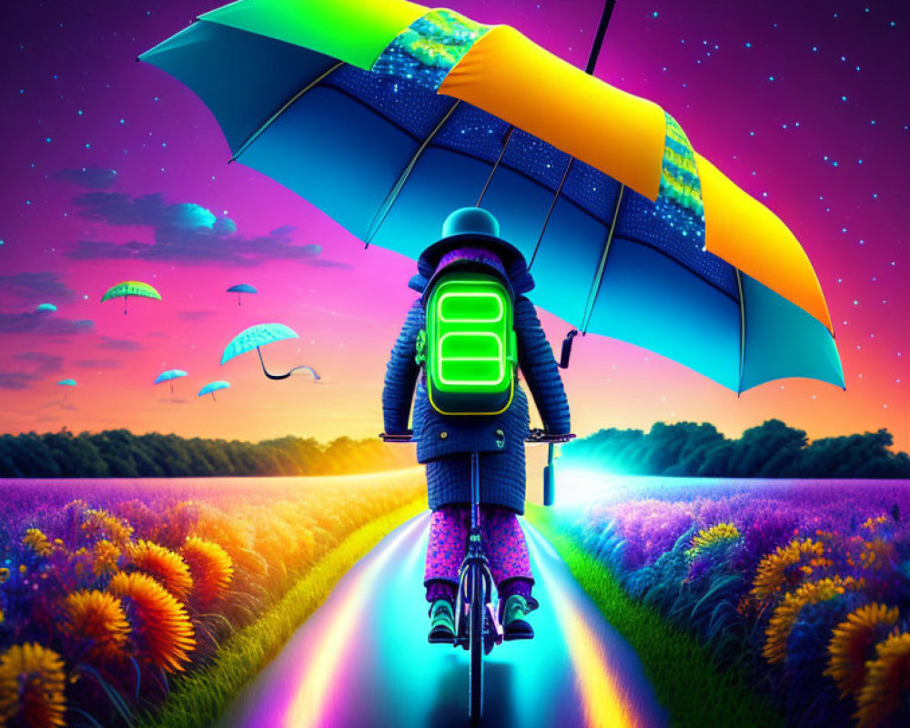 Cyclist on vibrant path with purple flowers and starry sky, holding colorful umbrella.