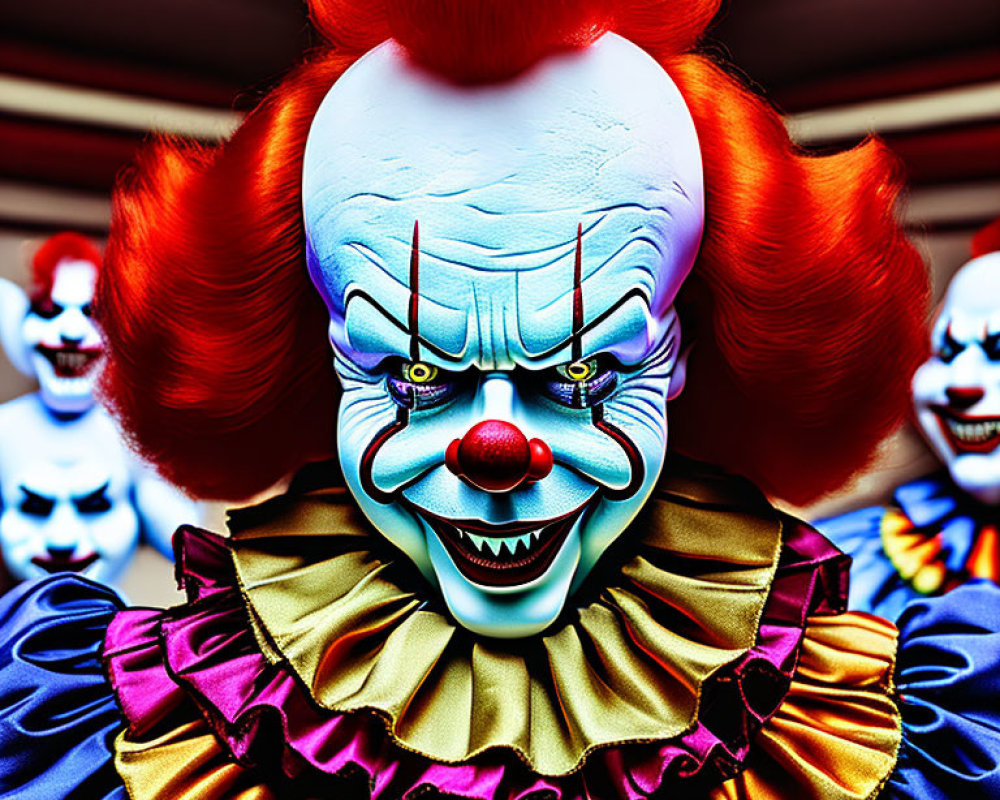 Menacing clown with red hair and evil grin, surrounded by blurred clown figures