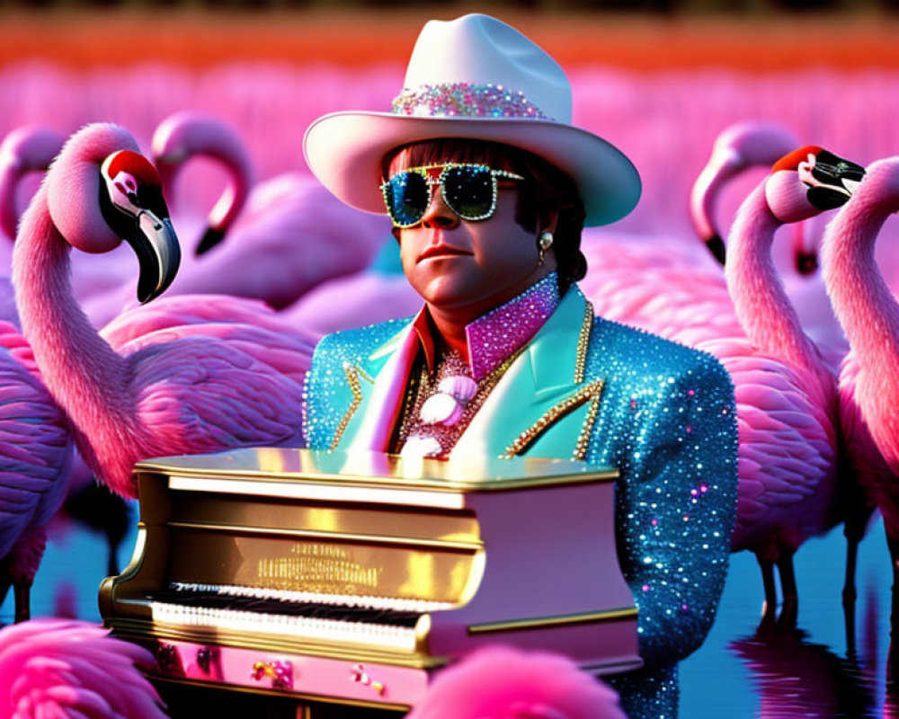 Person in Blue Outfit Plays Piano Surrounded by Flamingos in Pink Water