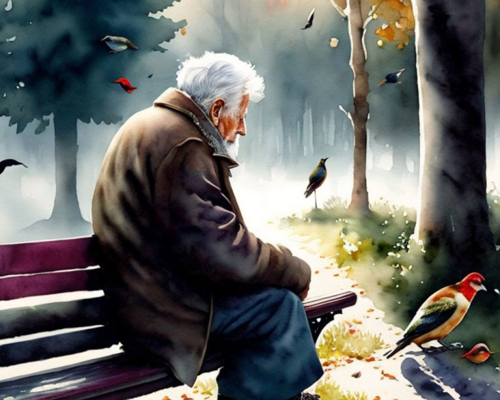 Elderly man on park bench surrounded by autumnal trees and colorful birds