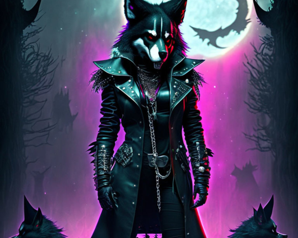 Stylized anthro-wolf in leather jacket with wolves under full moon