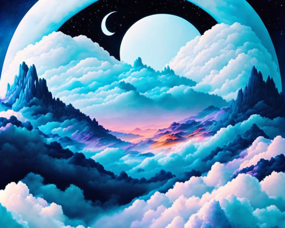 Digital Artwork: Fluffy Clouds, Mountains, Moon, and Stars