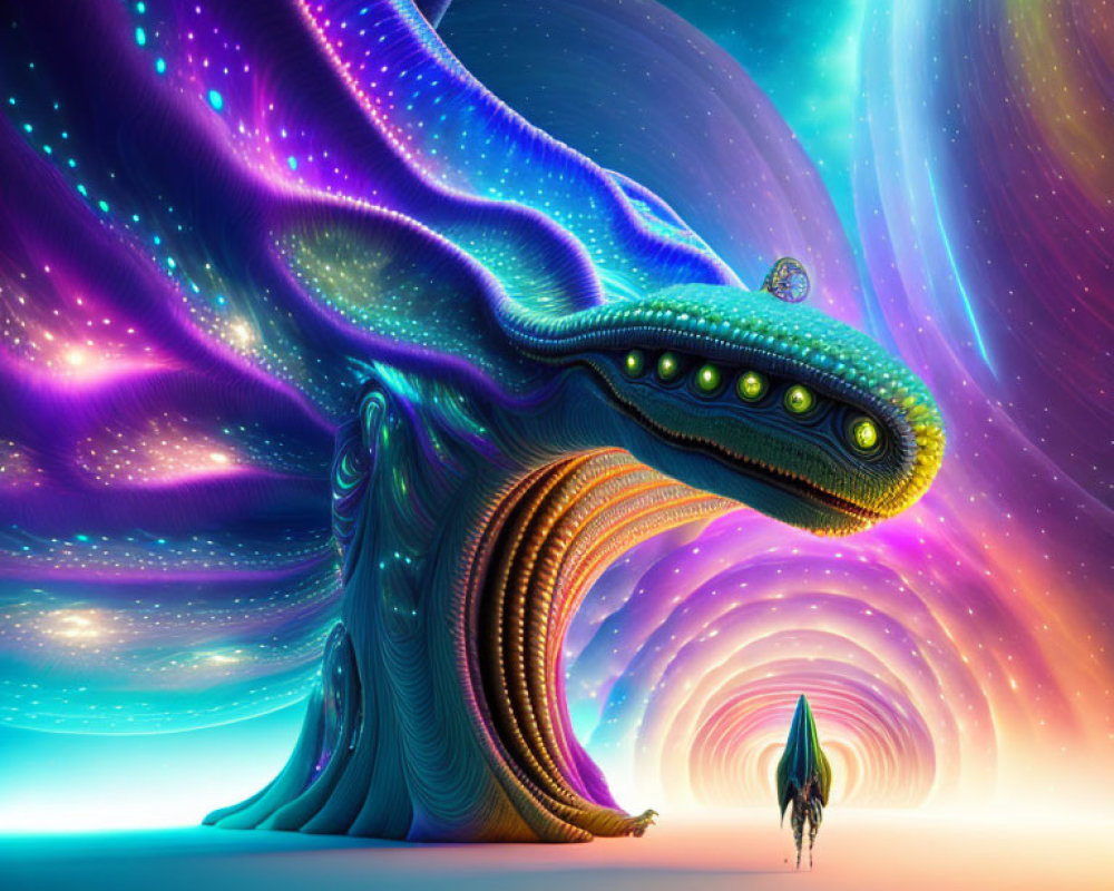 Colorful digital artwork: colossal dragon and tiny figure in cosmic scene