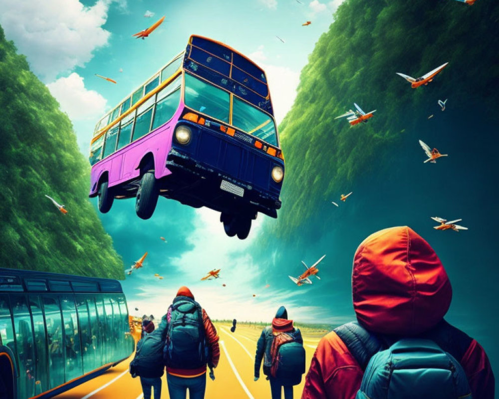 People walking towards flying buses in surreal landscape with bird flocks, vibrant sky, and high green cliffs