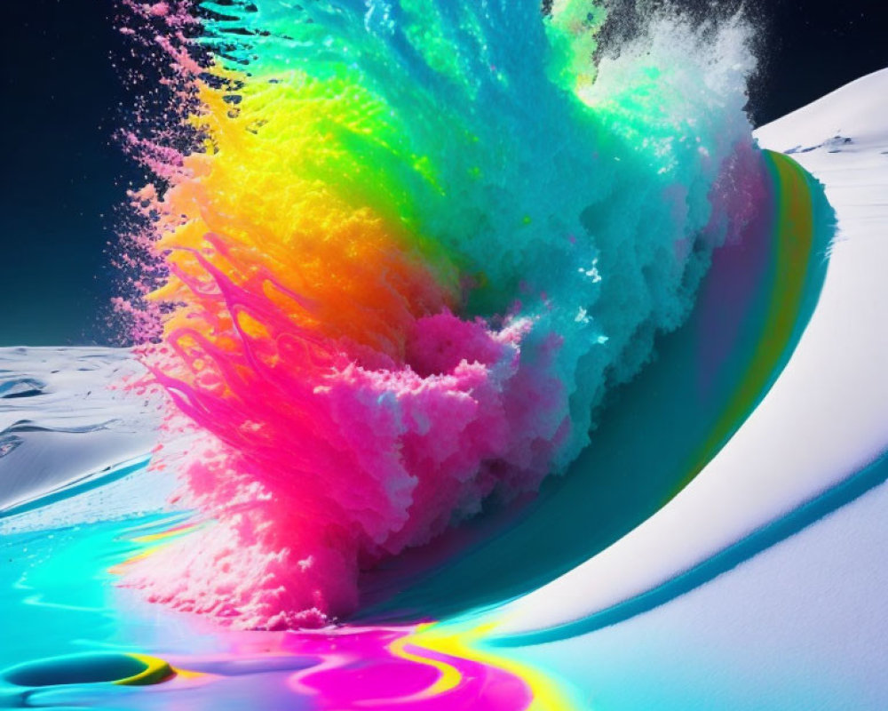 Colorful Neon Wave Crashing on Snowy Shore
