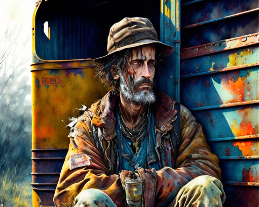 Bearded man in layered clothing sits by rusty bus, looking contemplative