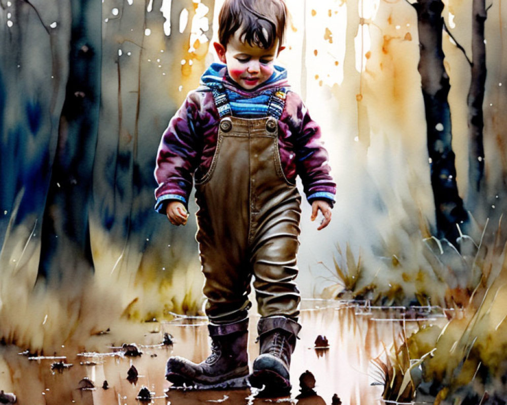 Child in overalls stands in muddy forest puddle.