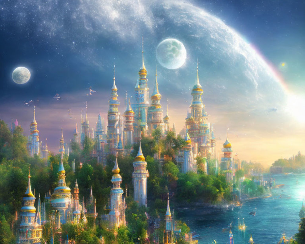 Fantastical cityscape with golden spires, celestial sky, two moons, river, greenery