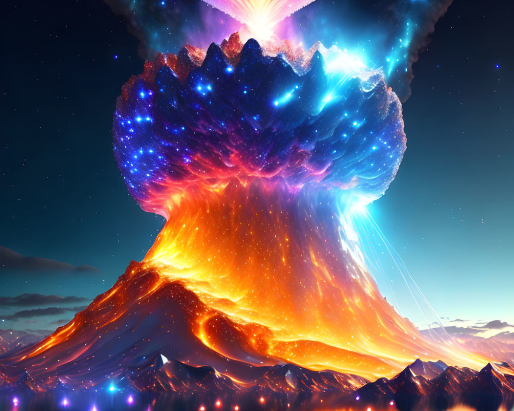 Digital image: Volcanic eruption with vibrant nebula plume in starry sky over serene water