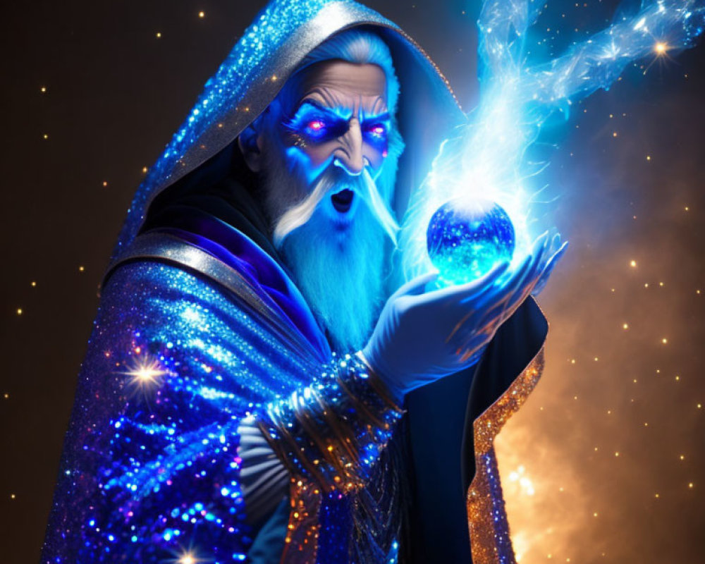 Wizard in Blue Cloak Holding Glowing Orb in Starry Scene