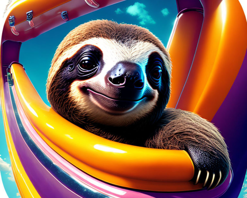 Colorful roller coaster ride featuring a cheerful sloth