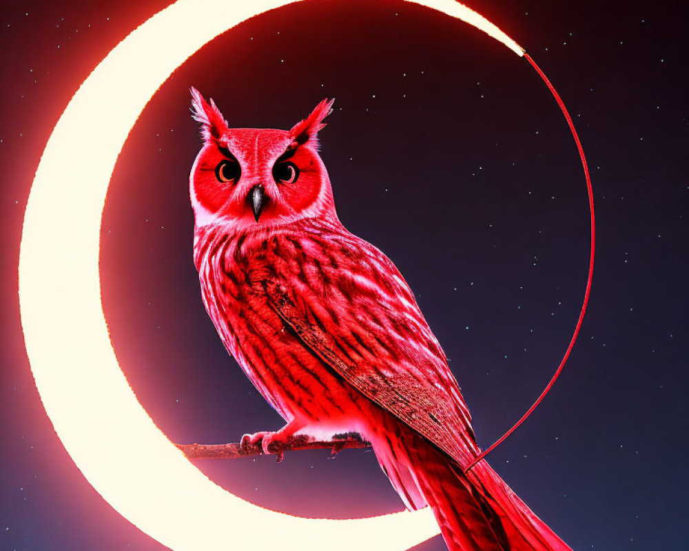 Red Owl Perched on Cosmic Background with Glowing Crescent