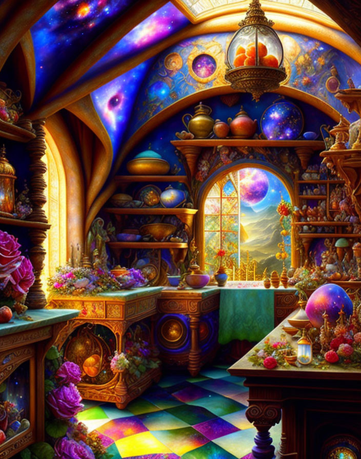 Colorful pottery, fruits, and flowers in whimsical room under starry sky.