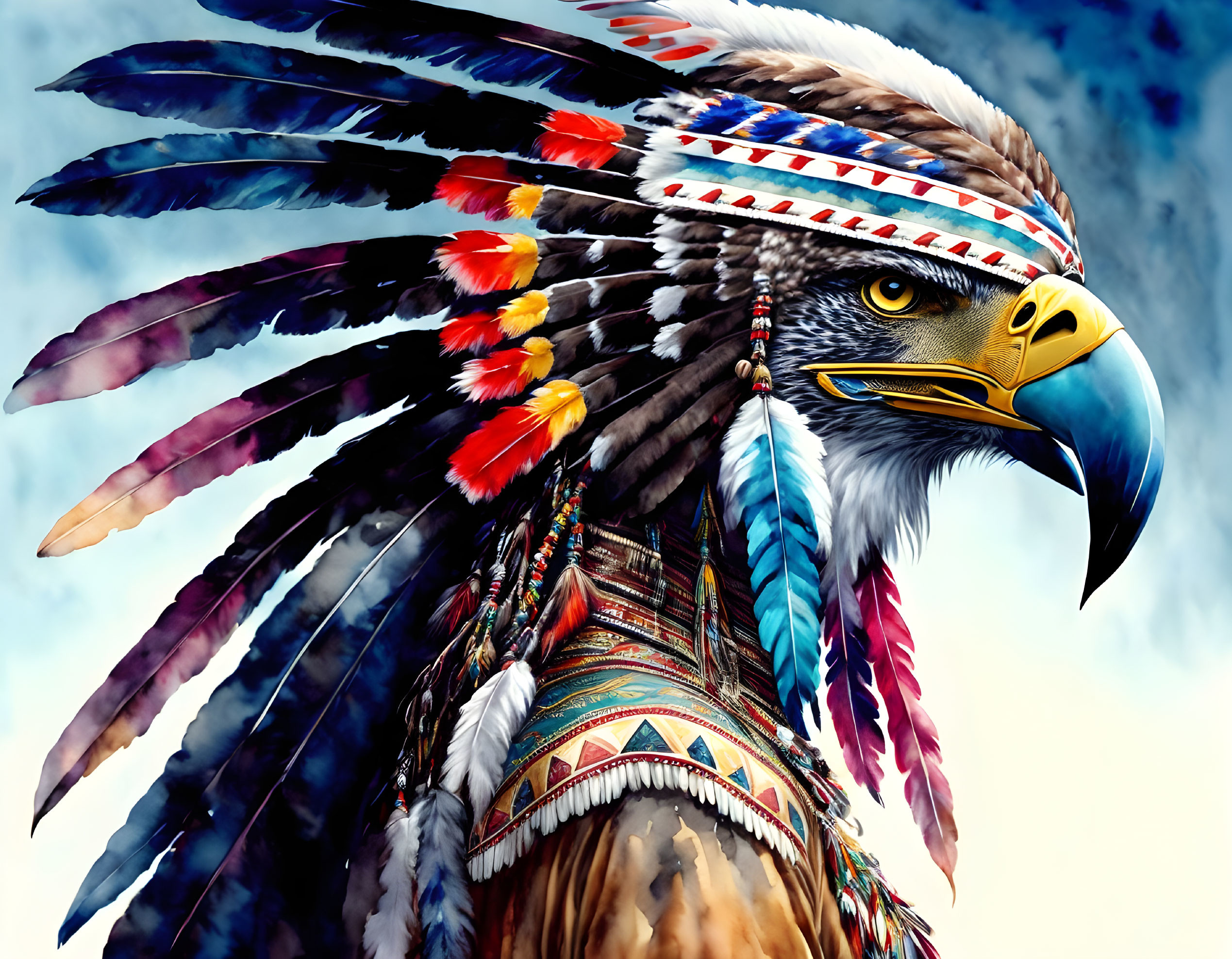 Illustration of eagle with Native American headdress in vibrant colors against cloudy sky