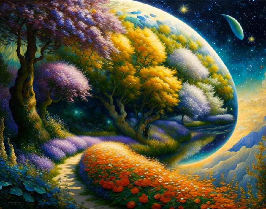 Colorful Fantasy Landscape Painting with Winding Path under Moonlit Sky