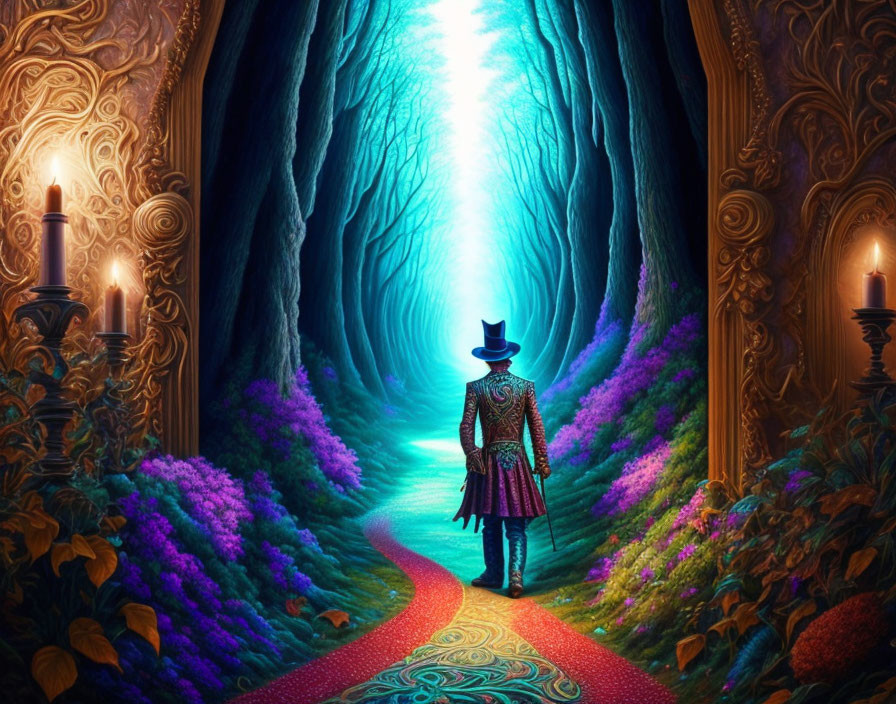 Person in hat and ornate coat walking in magical forest with colorful flora and intricate trees