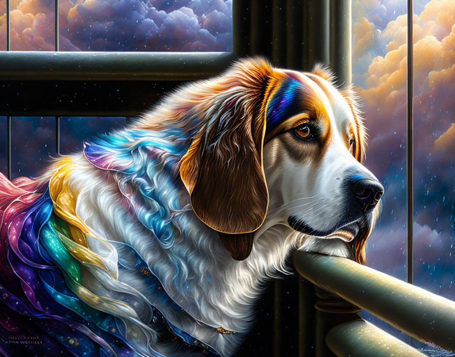 Colorful digital artwork: Pensive dog with iridescent coat and cloudy sky.