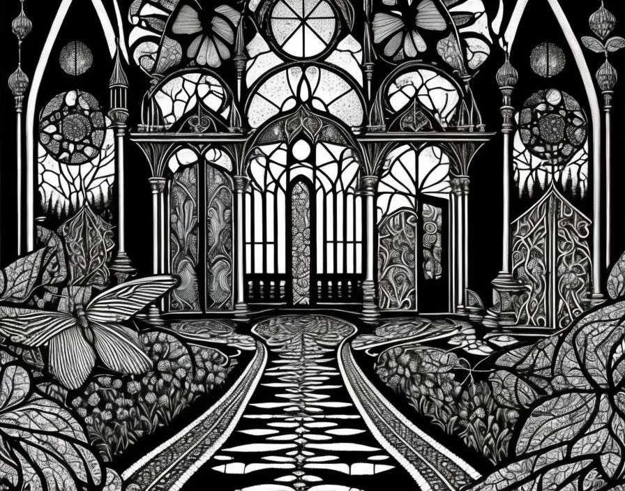 Detailed black & white gothic interior with stained glass & floral patterns