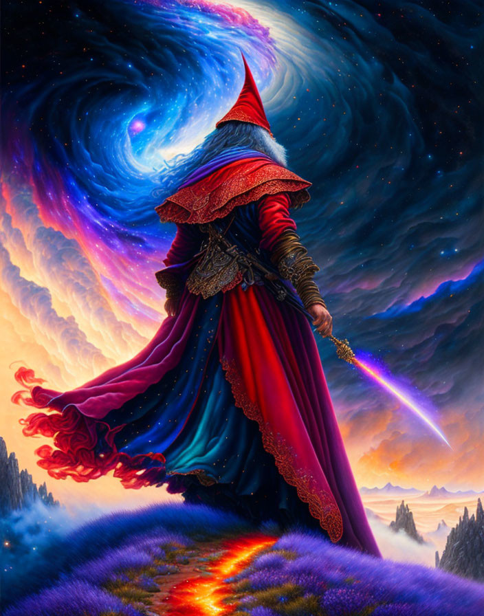 Cloaked wizard with glowing sword under starry sky on grassy knoll