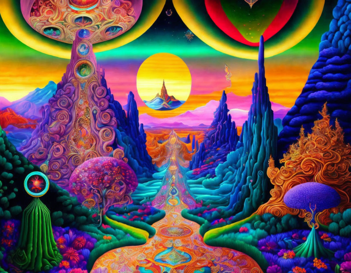 Colorful Psychedelic Landscape with Trees, Mountains, Moons, and Orbs