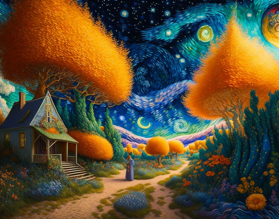 Fantastical painting: Person on path, orange trees, cottage, swirling starry night sky