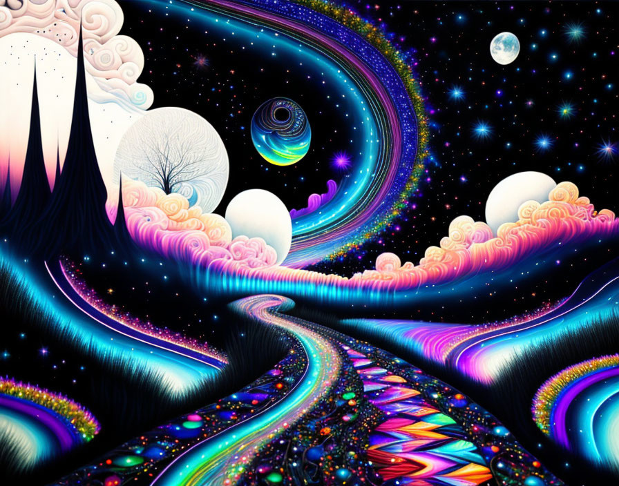 Colorful Fantastical Landscape with Winding Path and Celestial Elements