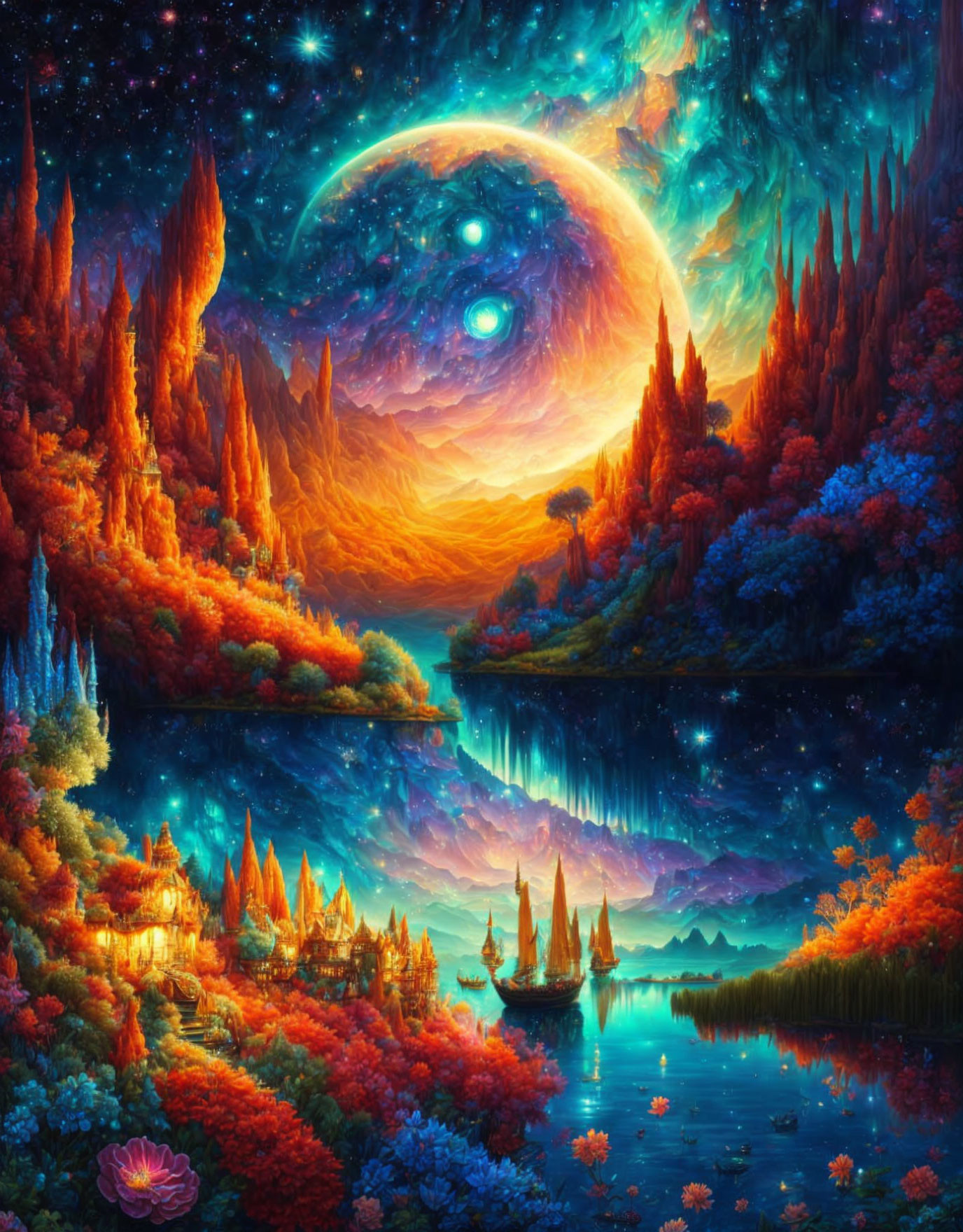 Ethereal fantasy landscape with glowing moon and fiery foliage