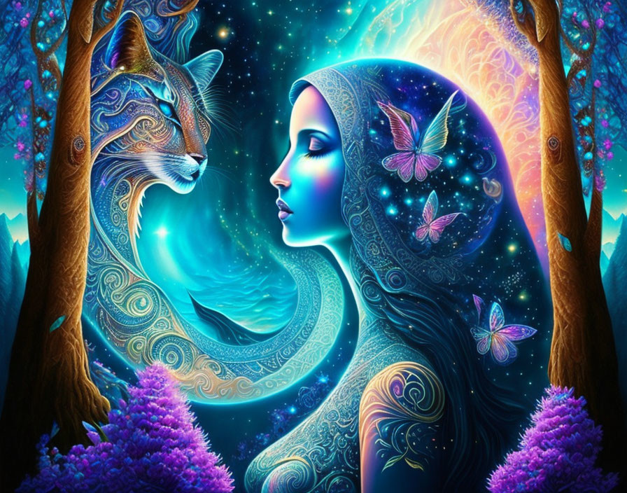 Colorful cosmic woman with mystical cat in enchanted forest scene