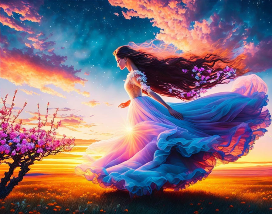 Woman in Blue Dress Walking Through Vibrant Sunset Landscape