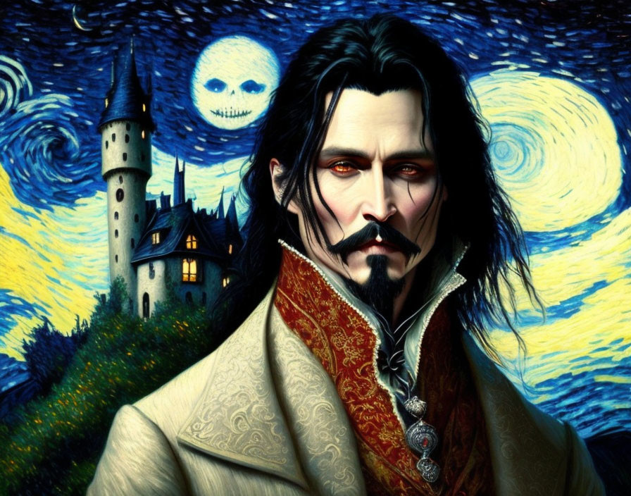 Gothic-style portrait of a pale man with dark hair in vampiric setting