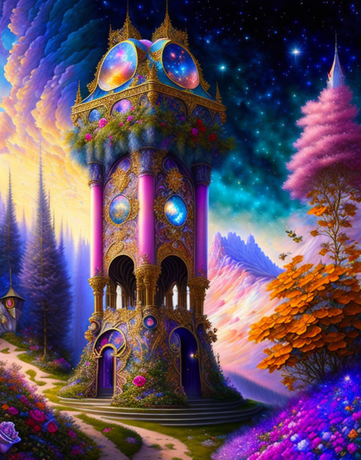 Colorful fantasy scene: ornate tower, stained glass windows, magical trees, starry sky