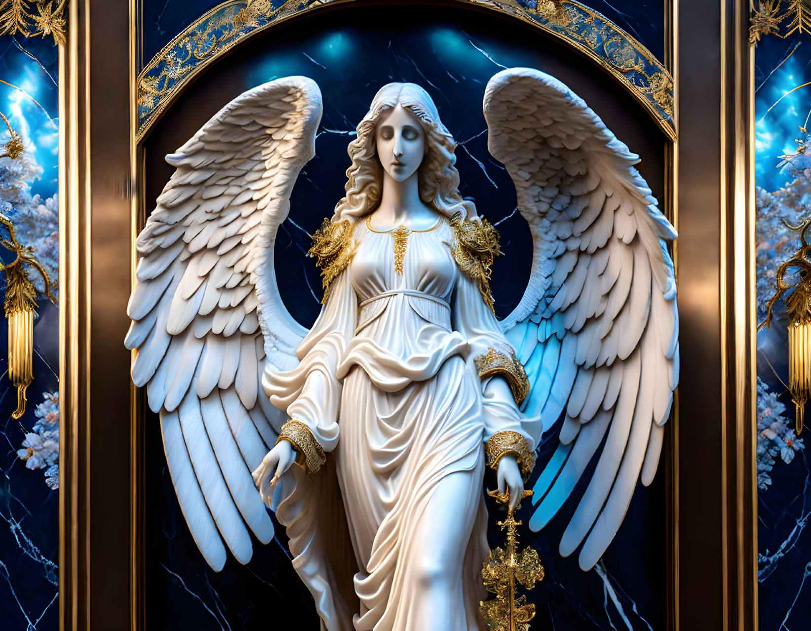 Angel statue with outstretched wings in white robe on blue and gold background