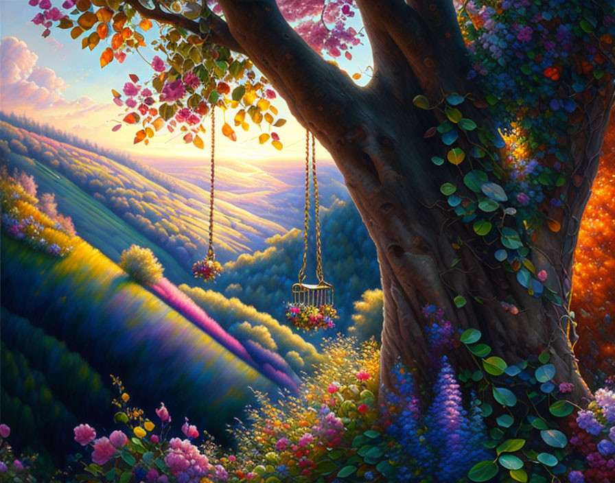 Colorful Landscape with Swing, Flowers, and Sunlit Hills