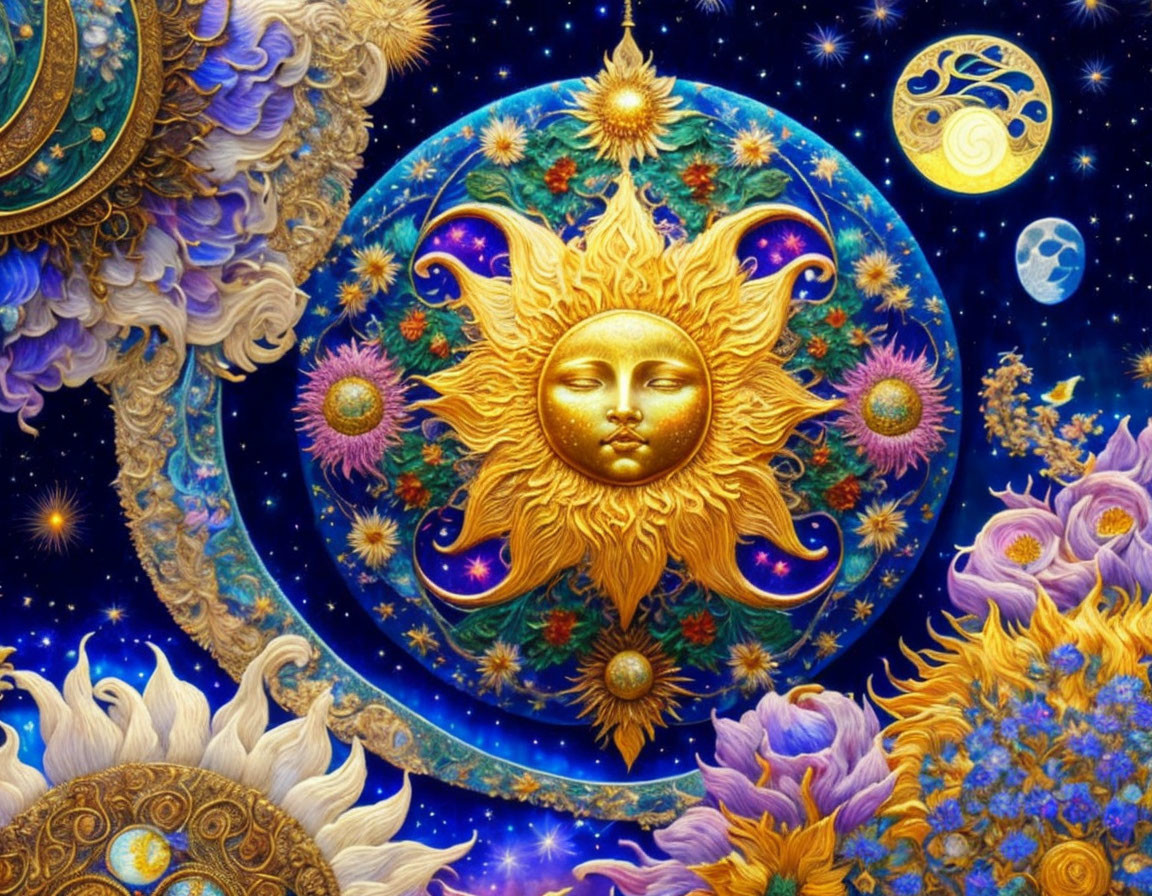 Colorful cosmic artwork featuring a golden sun face surrounded by celestial bodies and floral motifs.