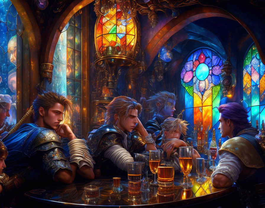 Fantasy scene: Four armored figures in contemplation at a bar with stained glass and warm lighting