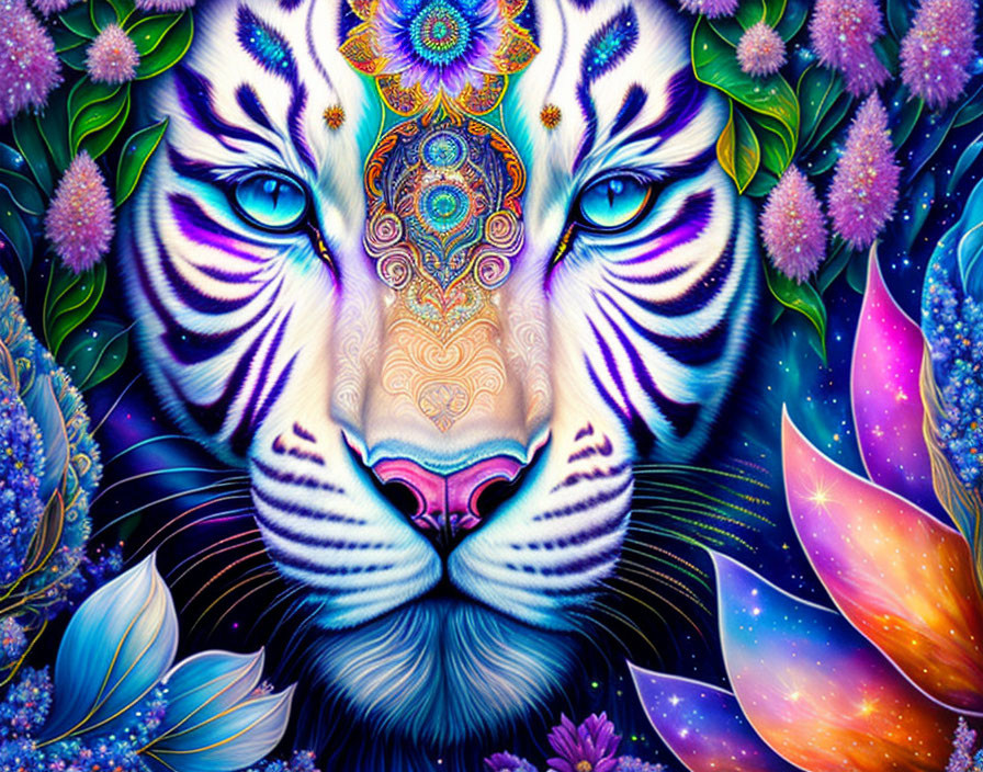 Colorful Digital Artwork: White Tiger with Blue Stripes and Ornate Patterns