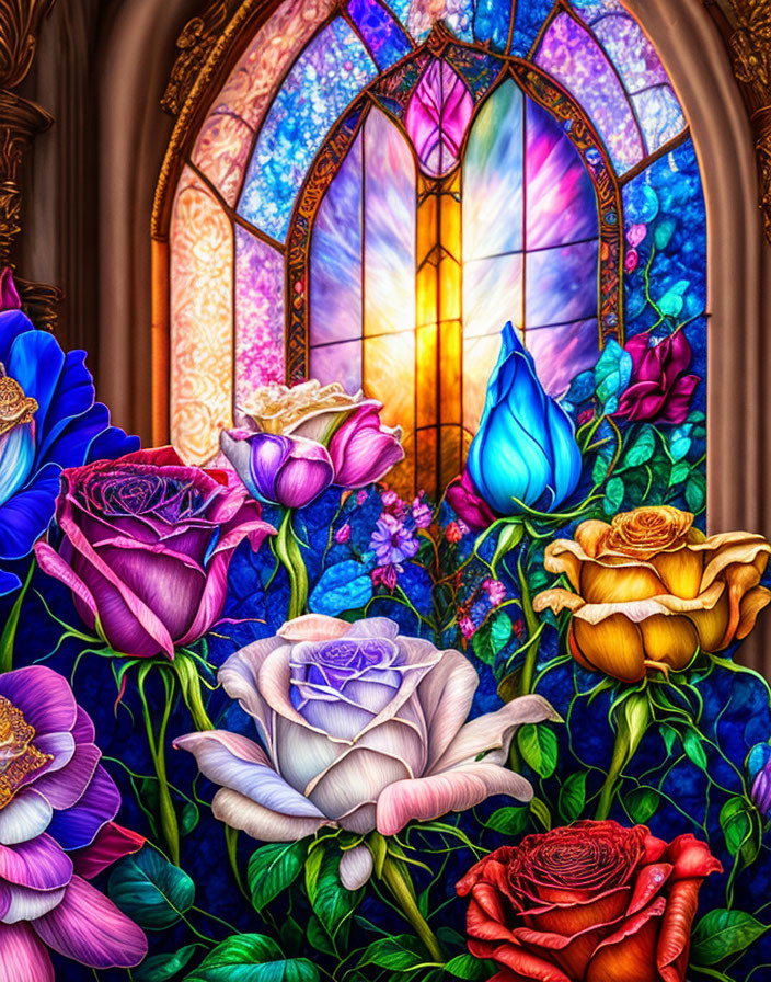 Colorful stained glass window and oversized roses in blue, purple, pink, and red