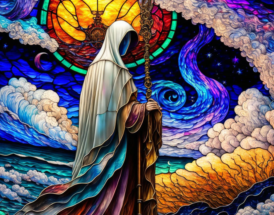 Colorful Stained Glass Artwork of Cloaked Figure with Lantern