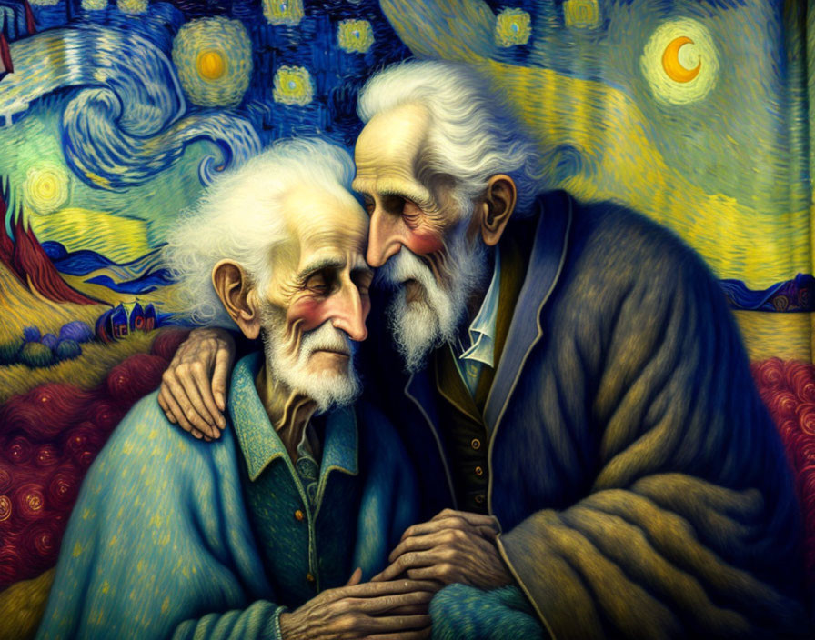 Elderly men embrace against Van Gogh-like swirls