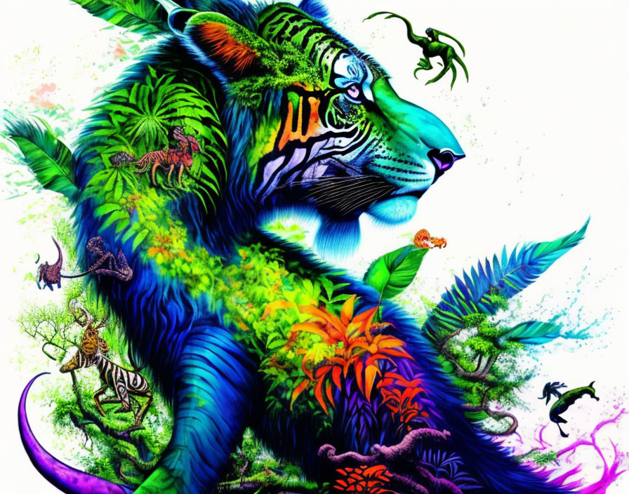 Colorful Tiger Artwork Featuring Jungle Flora and Fauna