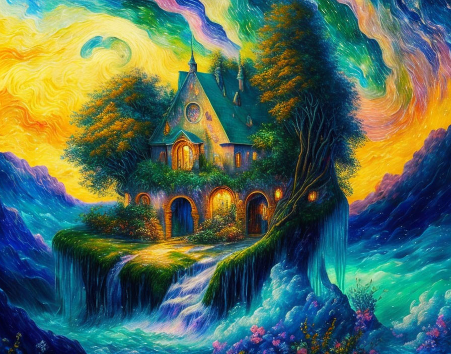 Impressionistic painting of whimsical cottage on floating island